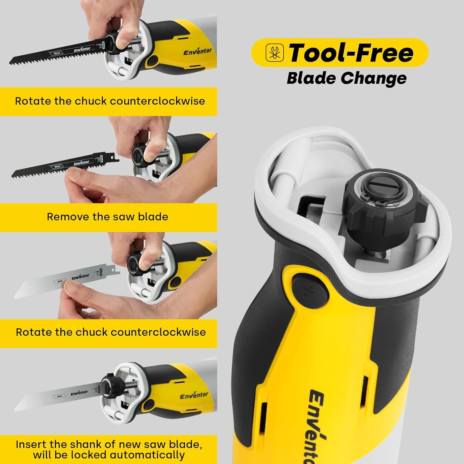 Enventor 20V Brushless Sierra de Sable Batería, Sierra Alternativa Inalámbrica, 2 Baterías 2.0Ah, Velocidad Variable de 0-3000RPM, 5 Hojas de Sierra, Corta Madera, Metal, Plástic, Ramas