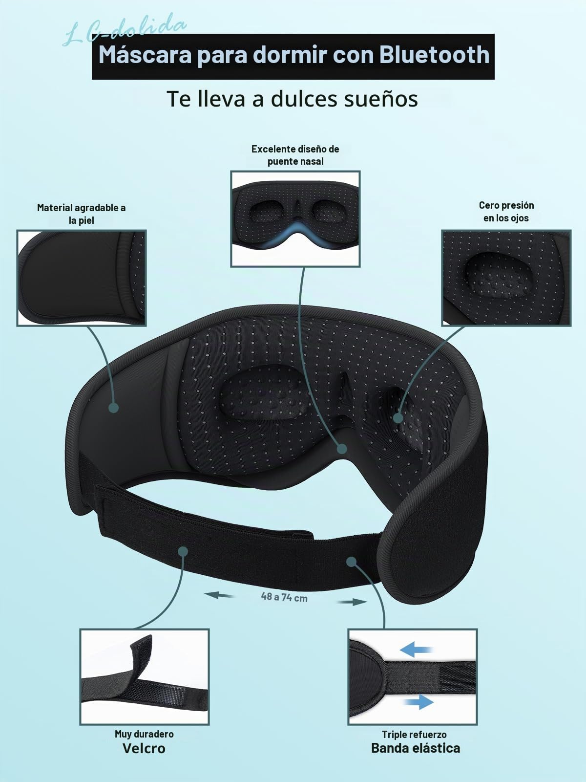 LC-dolida Bluetooth Antifaz para dormir, Auriculares para Dormir Anti-Luz Máscara de Dormir Sin Presión Ocular para Mujeres y Hombres, Auriculares para Dormir en Viajes, Turnos de Noche, Oficina