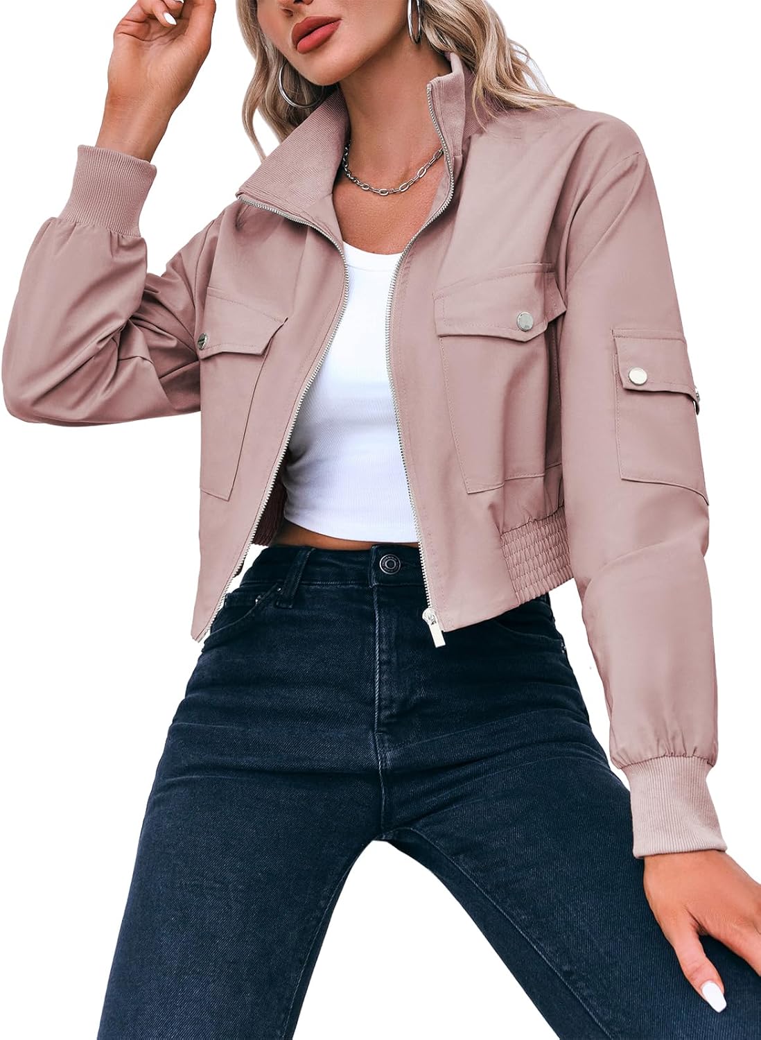 Fisoew Women's Cropped Bomber Jackets Lightweight Zip Up Stand Collar Long Sleeve Short Jacket with Pockets - Image 3