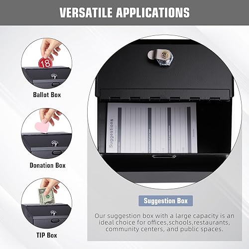 Miniatura 6 de Caja de sugerencias con ranura y cerradura y 50 hojas de sugerencias montadas en la pared Boleta de comentarios y caja de donación con candado Acero