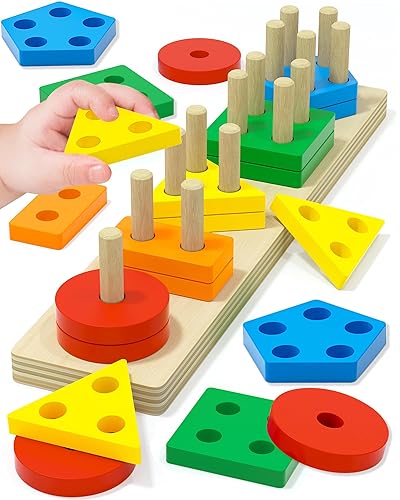 Montessori Toys for 1 2 3 Year Old Boy Girl, Toys for Ages 2-4 Toddlers Kids Baby, 1 2 Year Old Birthday Gifts, Toddler Stocking Stuffers Wooden Learning Puzzles Shape Sorter Toy for Toddlers 1-3 - Multicolored