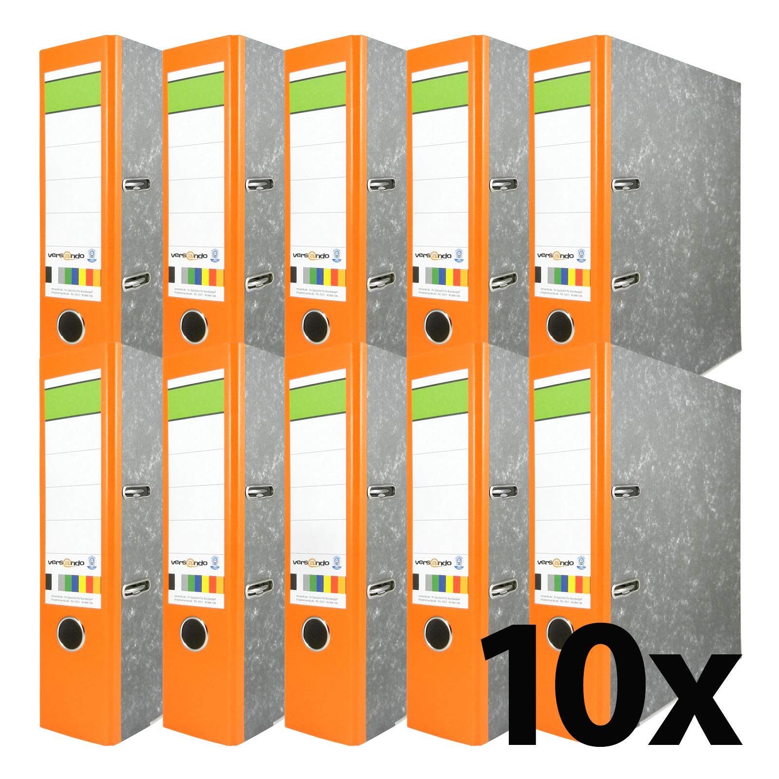 versando® ring binder green stripe A4 80 mm cloudy grey with blue angel label, Made in the EU, slotted file, office file (c) 10 Ordner oranger Rücken