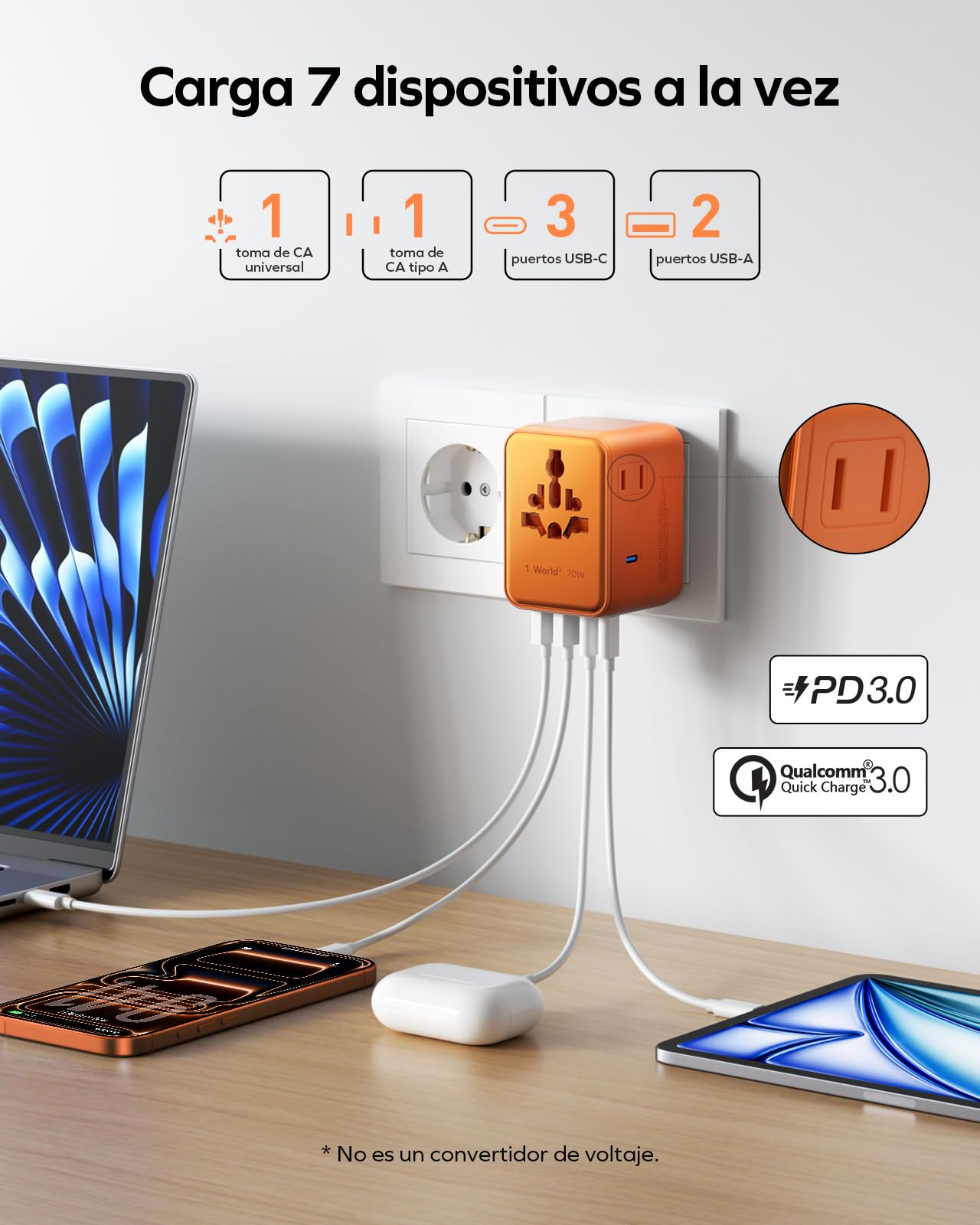 MOMAX Adaptador Enchufe Universal,70W GAN Enchufe Universal con 2 CA 3 USB C y 2 USB A, Adaptador Universal Enchufe Viaje, Adaptador de Viaje para Inglaterra, EE. UU., Japón, Tailandia y Australia
