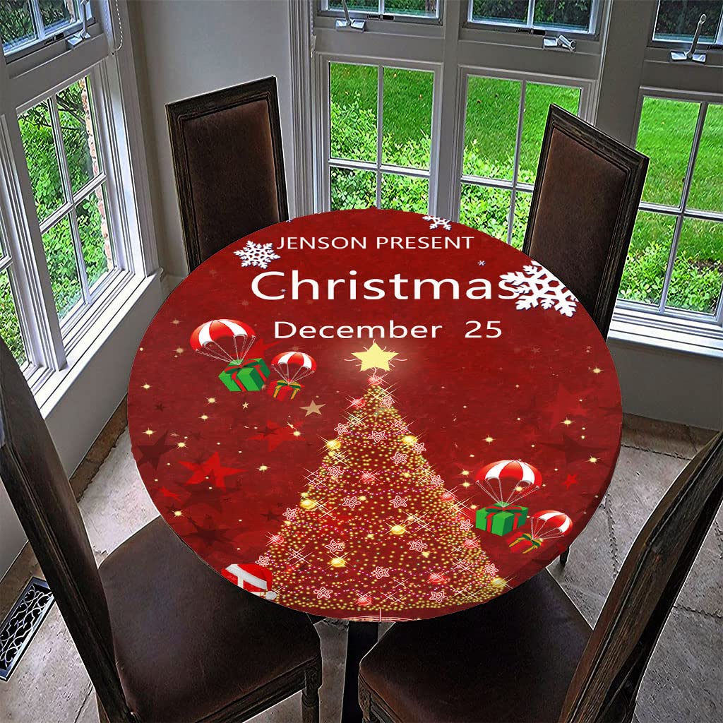 Treer-Shop H Treer Christmas Round Tableclot Waterproof Wipeable, 3D Christmas Tree Print Circular Tablecloths Fitted Elastic Edged Xmas Table Cover Decoration For Kitchen Picnic Outdoor Indoor (,90Cm)