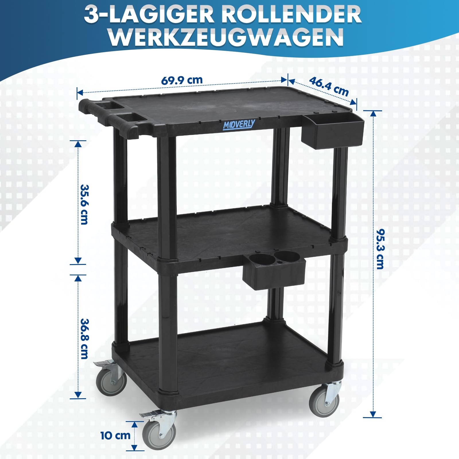 Schwerlast-Servierwagen, 69,9 x 46,4 cm, 3-stöckiger Rollwagen, Industrie-Kunststoff, Tragkraft 150 kg, Flache Ablagen mit Lenkrollen – Vielseitiger mobiler Wagen