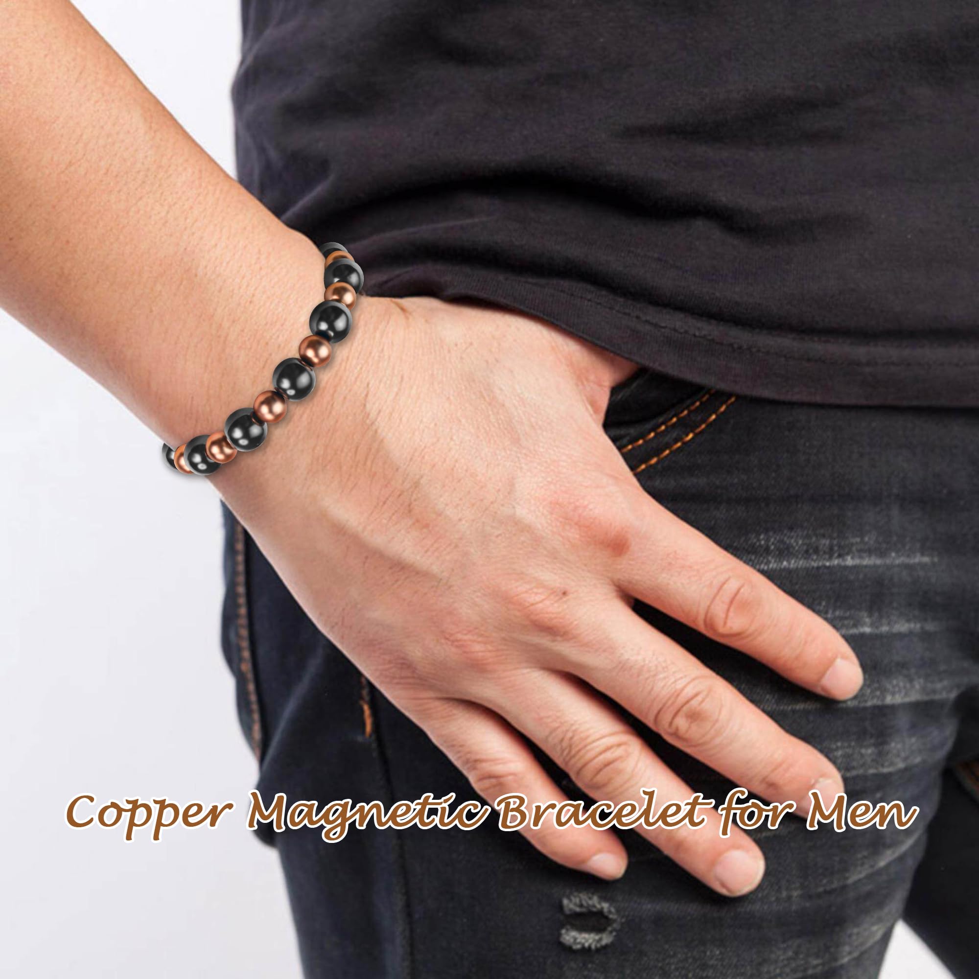 PEALICIOUS Pulseras de cobre para hombre 99.9% cobre puro con 3800 Gauss, pulseras elásticas para hombre pulseras de cuentas como regalos de cobre para él pulseras para hombres