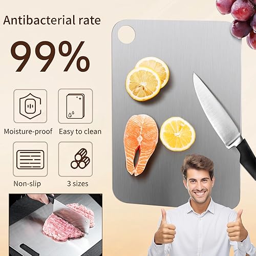 Miniatura 3 de Tabla de cortar de titanio, tablas de cortar de acero inoxidable para cocina, tabla de cortar no tóxica de grado alimenticio de doble cara, tablas