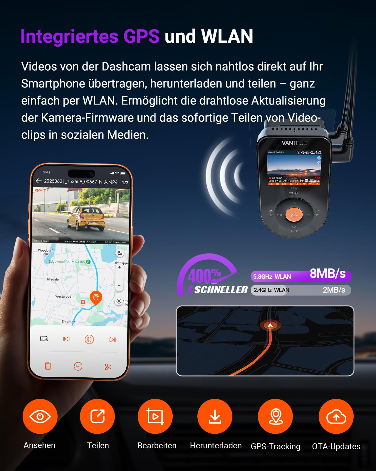 VANTRUE S1 Pro 2.7K 60FPS Dashcam Vorne STARVIS 2 Nachtsicht Versteckte | 5GHz WiFi Dash Cam Auto ADAS, Sprachsteuerung , GPS, 15 Sekunde Voraufnahme,24/7 Puffer Parkmodus, DSGVO-konform, Max 1TB