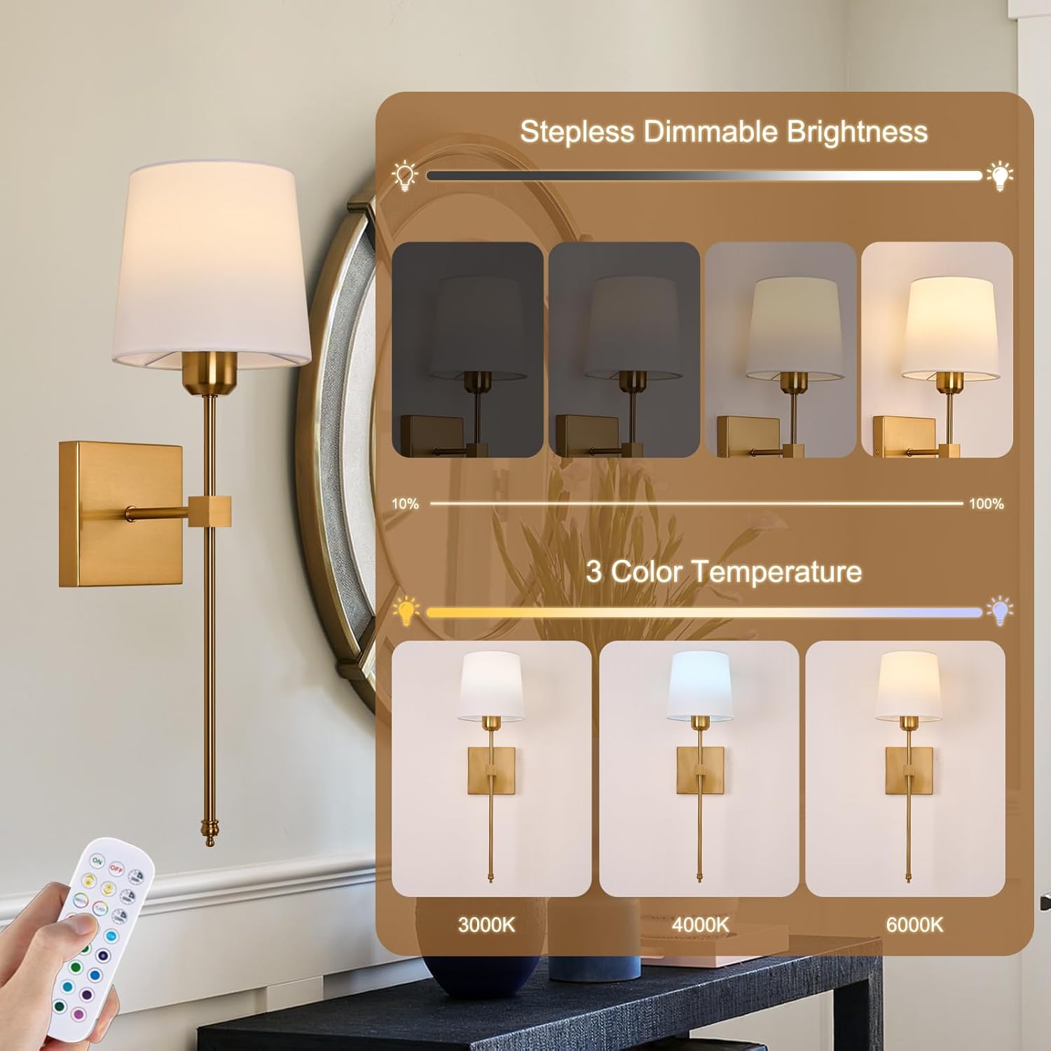 Battery Operated Wall Sconce Set of 2, Gold Wireless Rechargeable Wall Lights with RGB Rechargeable Dimmable Bulbs, 15 Colors Dimmable Wall Lamp with Remote for Bedroom Living Room, Bulbs Included