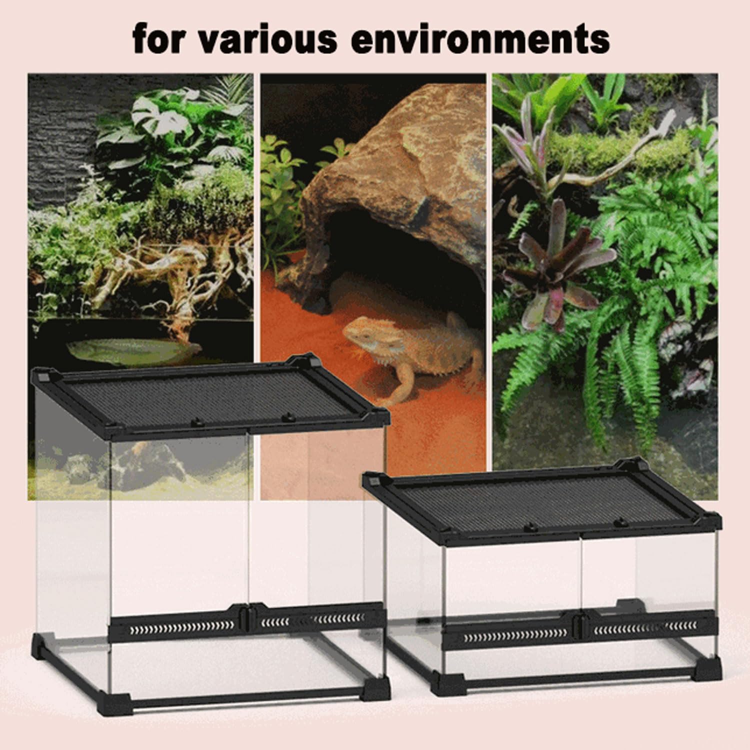 Terrario para Reptiles de Vidrio de Visión Completa, Tanque de Selva Tropical de Doble Puerta, Entradas de Cable Incorporadas, Ventilación de Pantalla Superior y Tapa Antiescape, para Iguanas