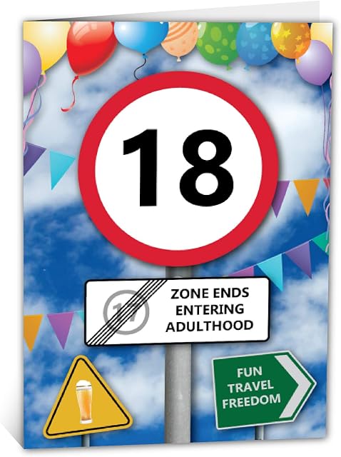 18th Birthday Card | Age 18 Birthday Card with Traffic Sign Design | Bright, Fun and Colourful Card | Big Size | Made in The UK