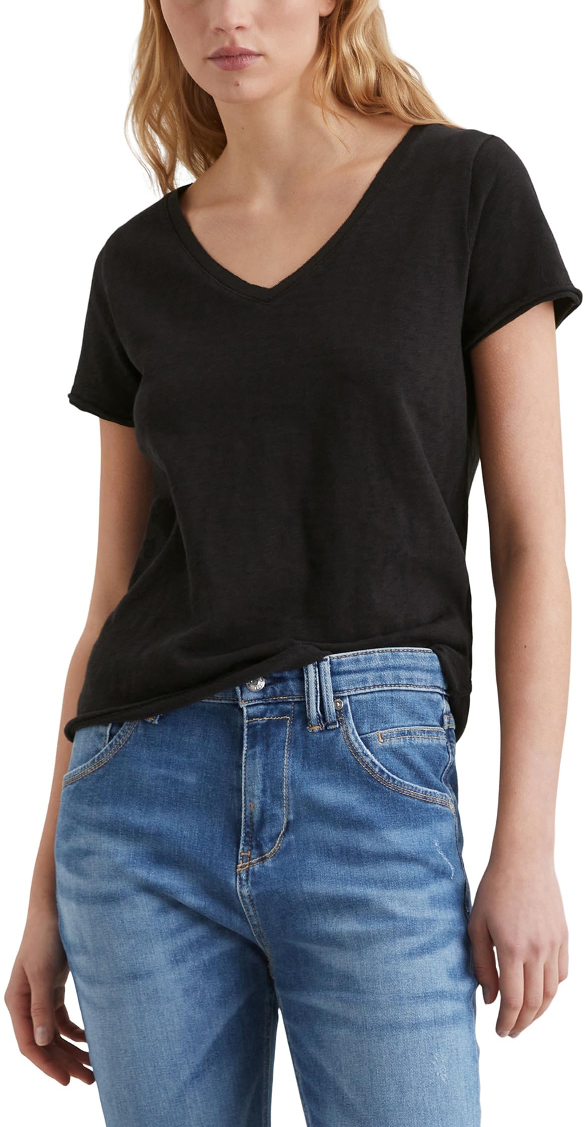 Marc O'Polo Denim Damen T-Shirt aus Bio-Baumwolle mit V-Ausschnitt