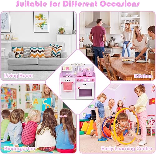 Miniatura 4 de HONEY JOY Juego de cocina rosa para niños, cocina de madera para niños pequeños, 13 utensilios de cocina, grifo, estufa, gabinete de almacenamiento,