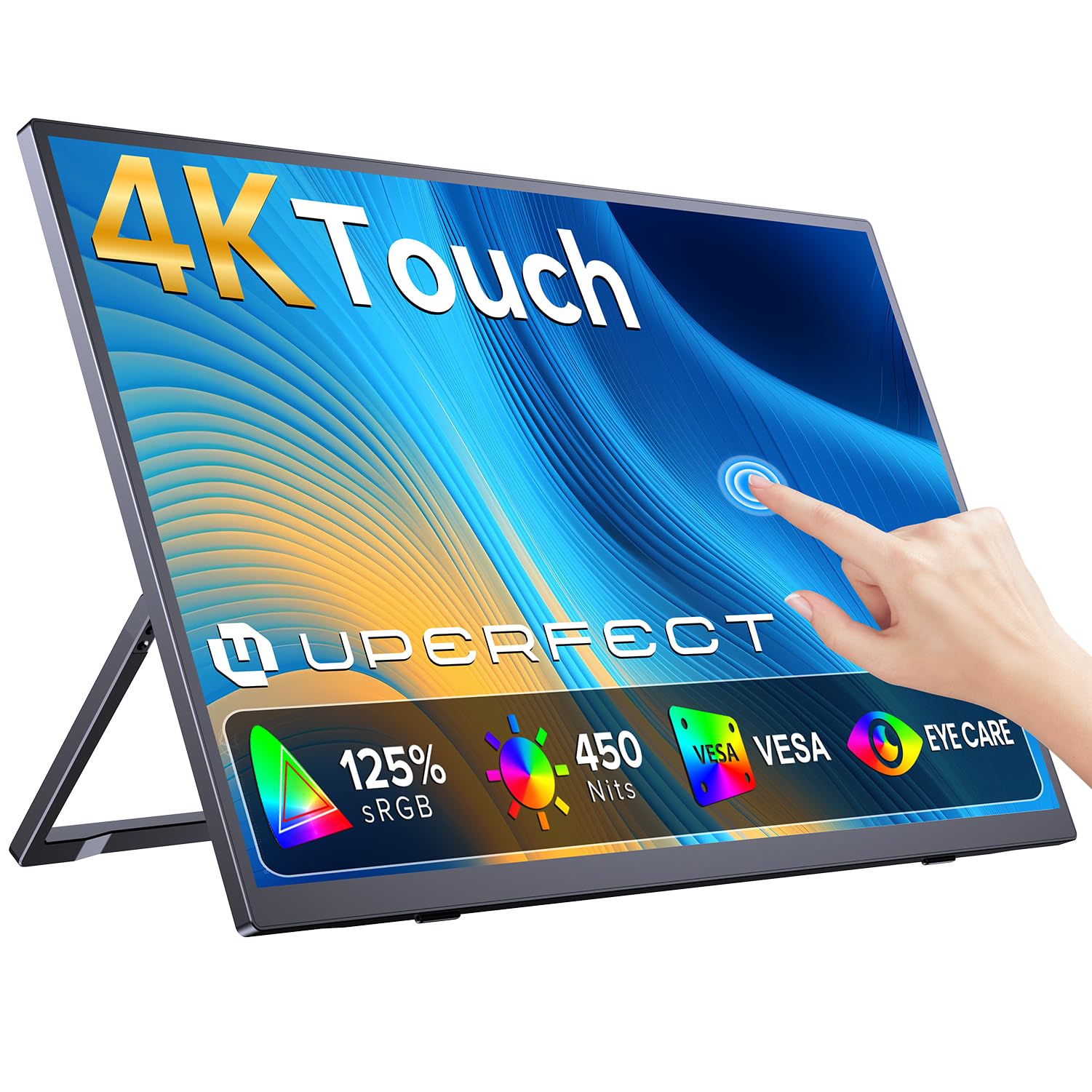 UPERFECT 15,6 Pulgadas 4K Táctil Monitor Portátil, UHD 3840x2160 450 Nits | 2000:1 125% sRGB, Diseño Ultrafino, con USB-C Mini HDMI para PC Laptop Consolas de Videojuegos, Soporte Integrado