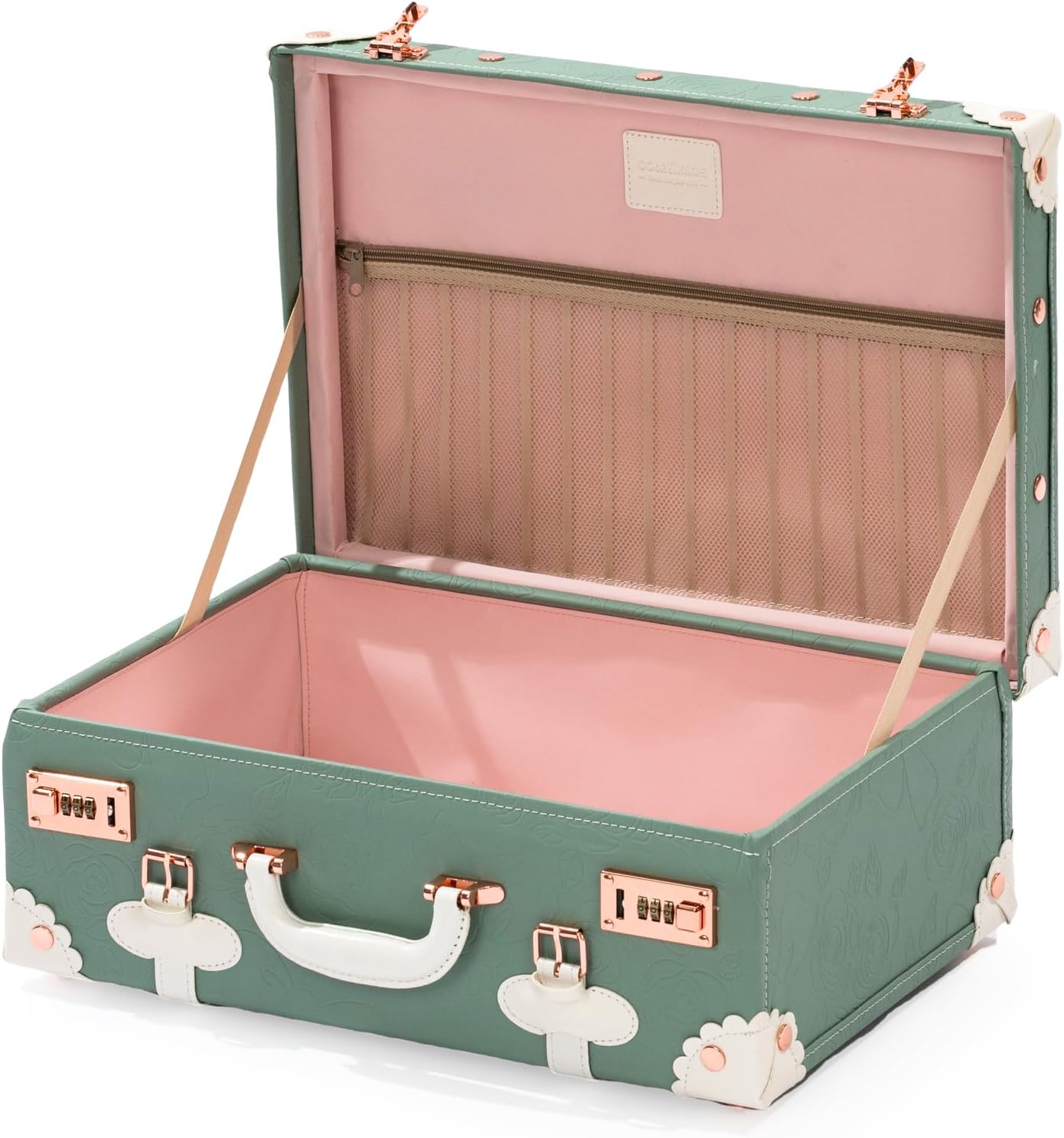 COTRUNKAGE Large 20" Carry On Suitcase Cute Pu Overnight Vintage Trunk Luggage Bag for Women with Combination Locks, Embossed Mint