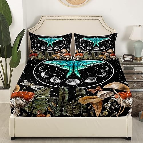 Miniatura 3 de Erosebridal Juego de sábanas de mariposa azul tamaño matrimonial, sábanas de hongos de polilla de libélula de la polilla, sábana encimera de cielo