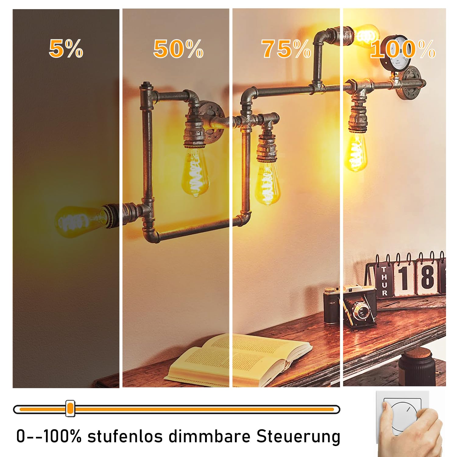 Edison LED Vintage Glühbirne, Dimmbar Glühbirne E27 4W LED Warmweiss, Vintage Edison Dimmbar lampe E27 Ideal für Nostalgie und Retro Beleuchtung - Bernstein - 6 Stück（ST64 HPS）