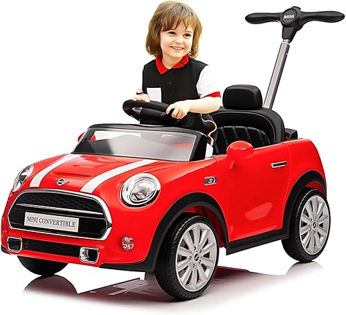 Auto de empuje para niños, auto de paseo con licencia MINI Cooper con varilla de empuje ajustable, música de bocina, cinturón de seguridad, ruedas