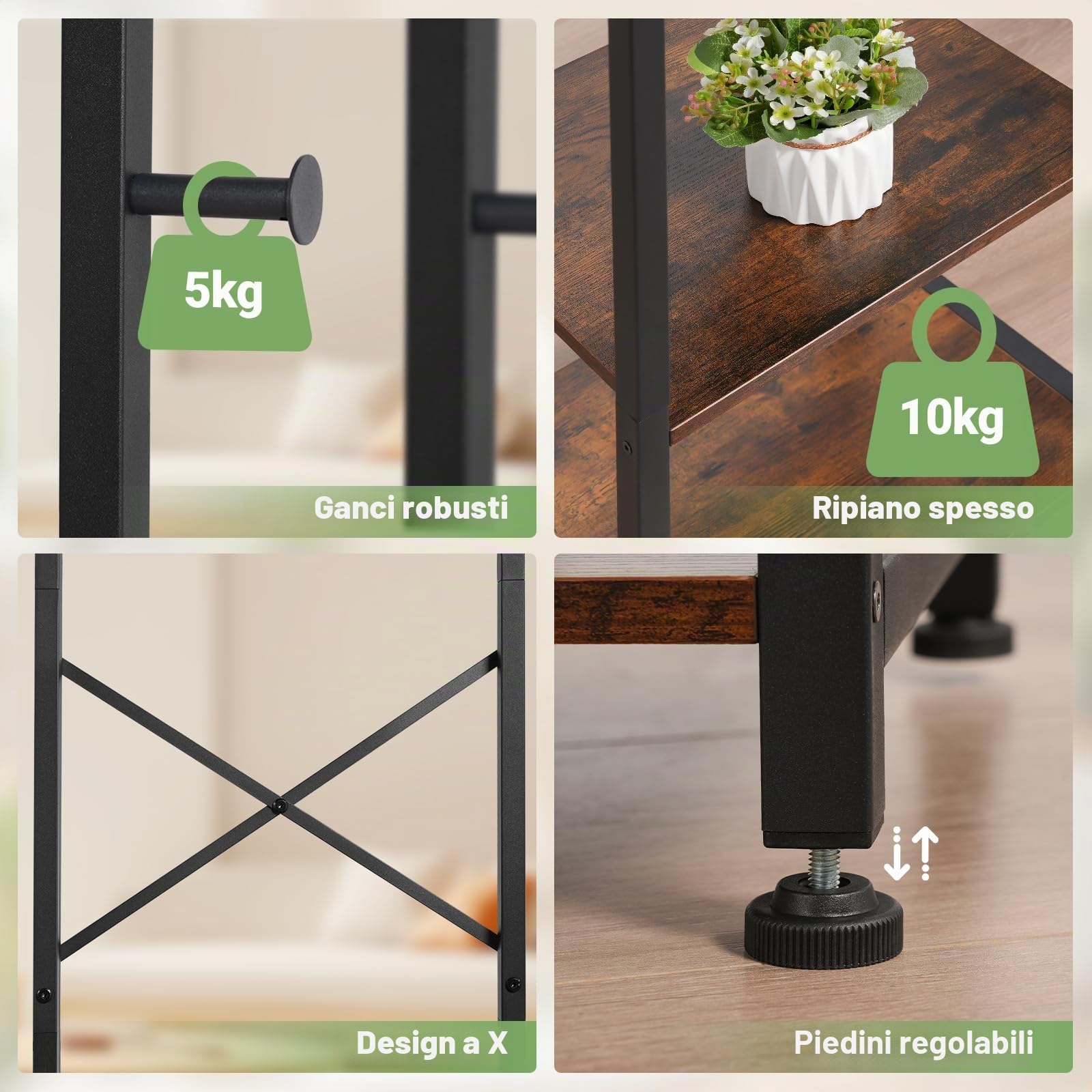 ELYKEN Appendiabiti autoportante, albero da ingresso con 3 ripiani e 12 ganci, appendiabiti in metallo, organizer per camera da letto, corridoio, ingresso, ufficio, soggiorno, marrone rustico
