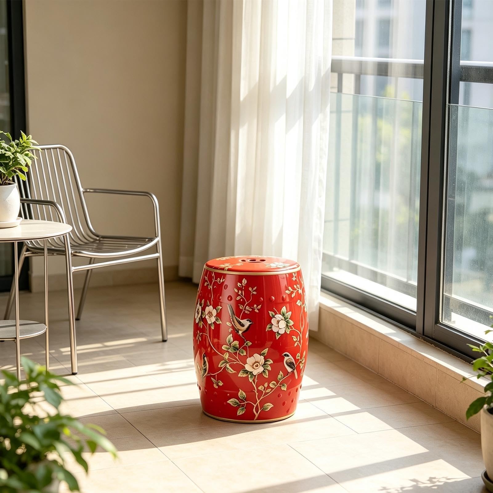 Ceramiczny Stołek Ogrodowy, Ręcznie Malowany Dekoracyjny Stół Akcentujący Bęben Do Użytku Wewnątrz I Na Zewnątrz, Malowana Glazura, Stolik Boczny Na Patio, Salon, Sypialnia, Balkon(Red)