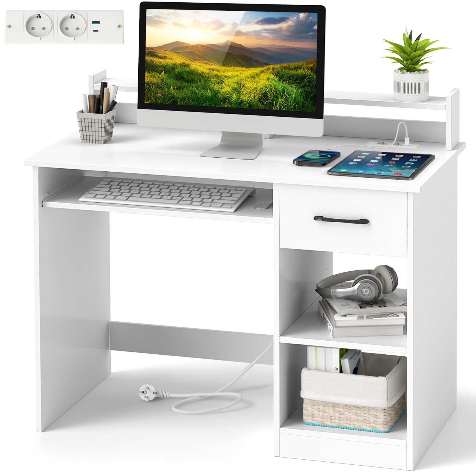 GIANTEX Escritorio de Ordenador con Salidas de CA, Puerto USB y Puerto Tipo-C, Escritorio con Bandeja de Teclado, Cajón y Estantes, 105x55x89 cm, Mesa de Trabajo para Oficina, Estudio, Blanco