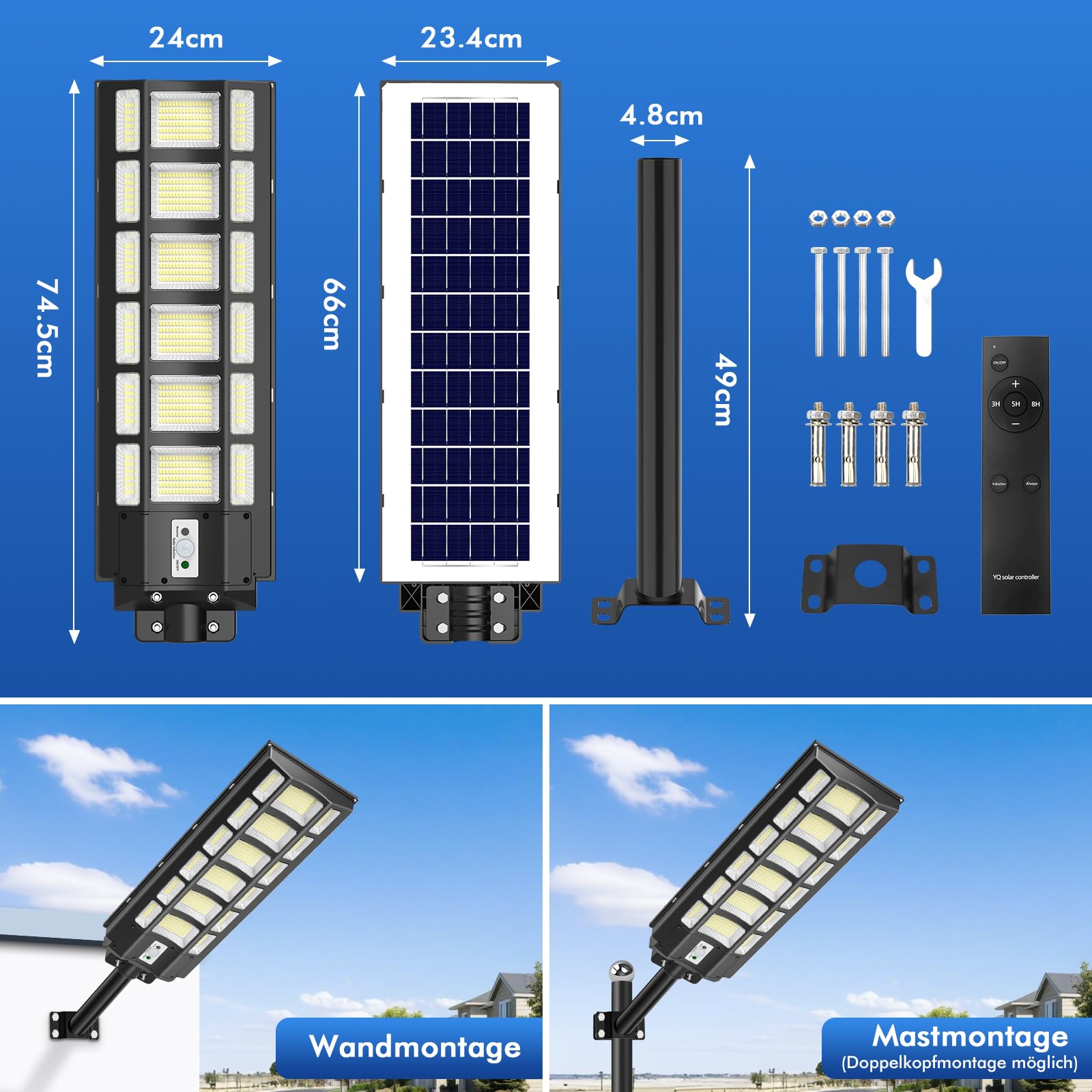 Viugreum 2000W Lampione Solare Led Esterno, 200000LM Lampione LED con Pannello Solare, 6500k Luci Solari, IP67 Impermeabile Lampioni Solari con Sensore di Movimento e Telecomando per Giardino Sentieri
