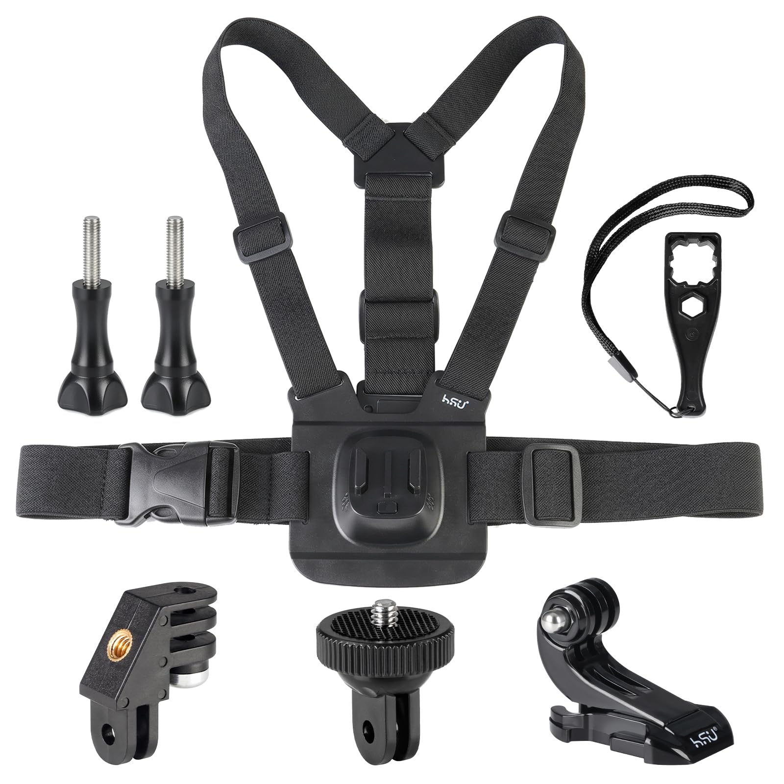 HSU Soporte de pecho ajustable correa de pecho para cámaras de acción, con cierre rápido J-Hook Clip y soporte vertical adaptador de cámara, grabación POV Set de accesorios para senderismo, esquí y
