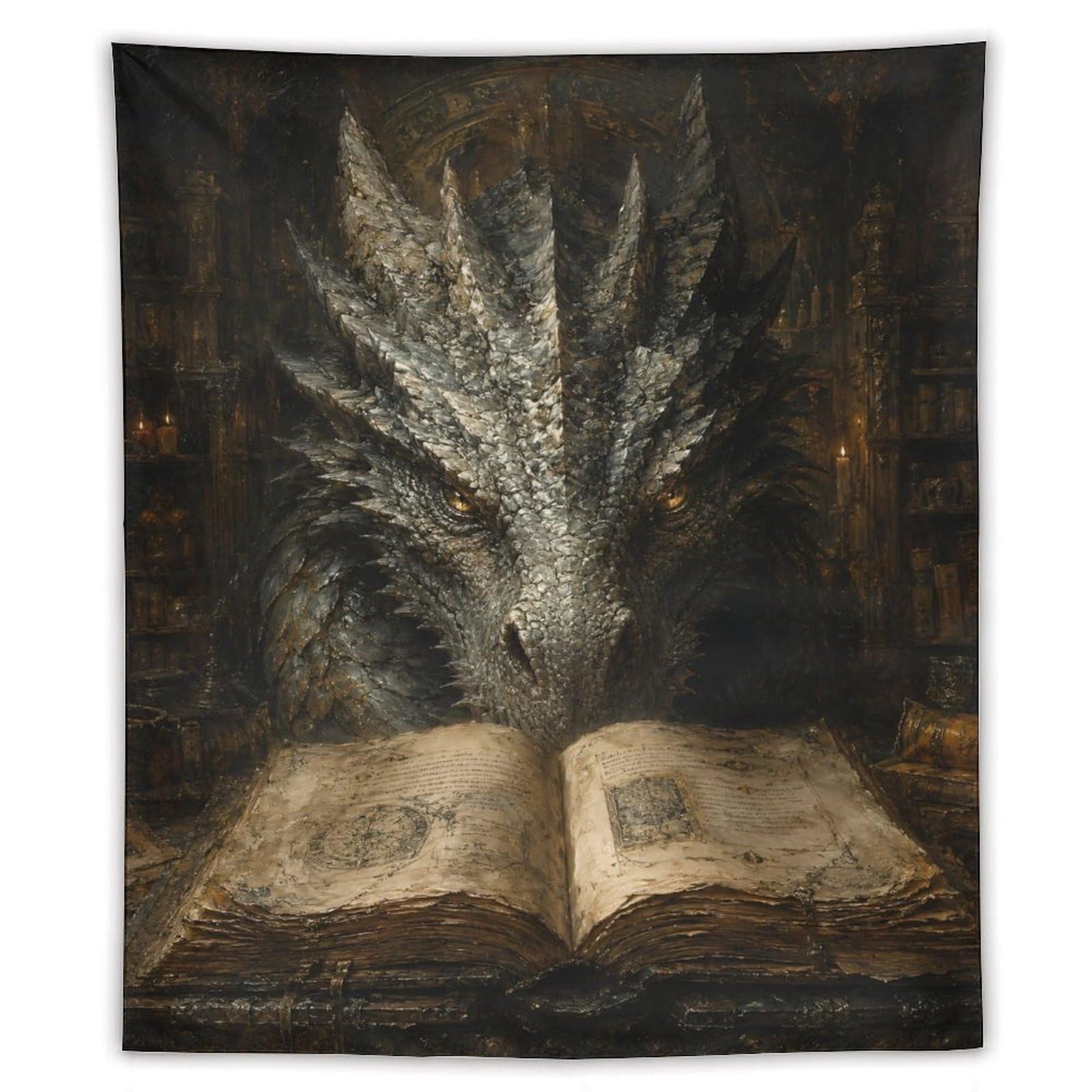 W7C8U2X3 Dark Dragon Magic Book Wall Tapestry, Surrealist, Fantasy Legend