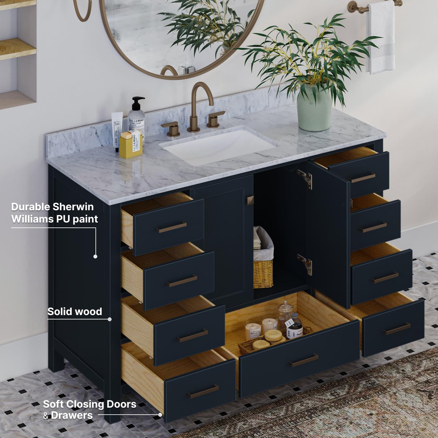 ARIEL Cambridge 54-inch Bathroom Vanity with Sink,Solid Wood, 0.75-inch Italian Carrara Marble Countertop, Single Rectangular Porcelain Sink, 2 Soft Closing Doors, 9 Dovetail Drawers, Midnight Blue