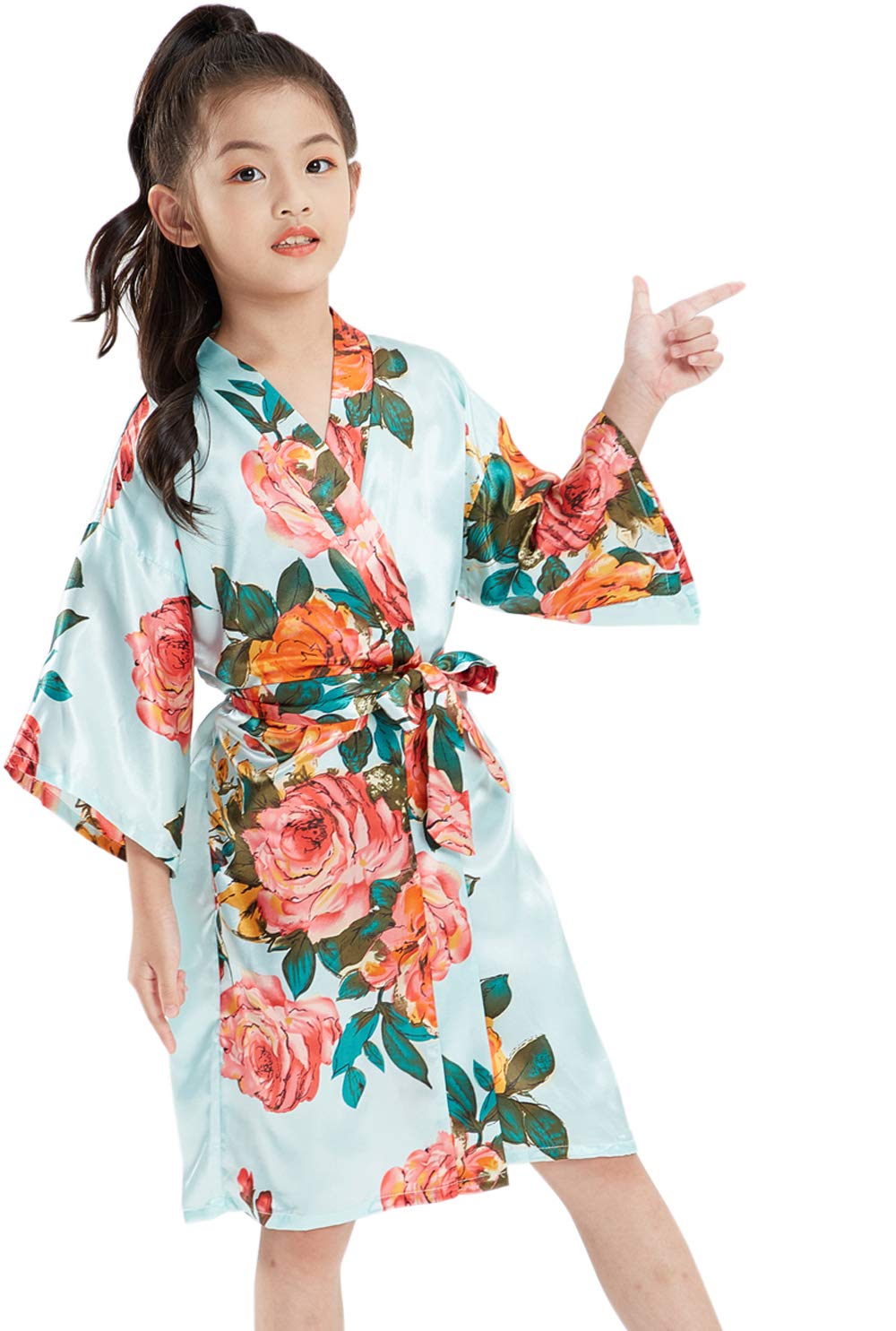 QXQTER Peony Floral Silk Kimono Robe Wedding Bridesmaid Robes Dressing Gown Nightgown for Girls