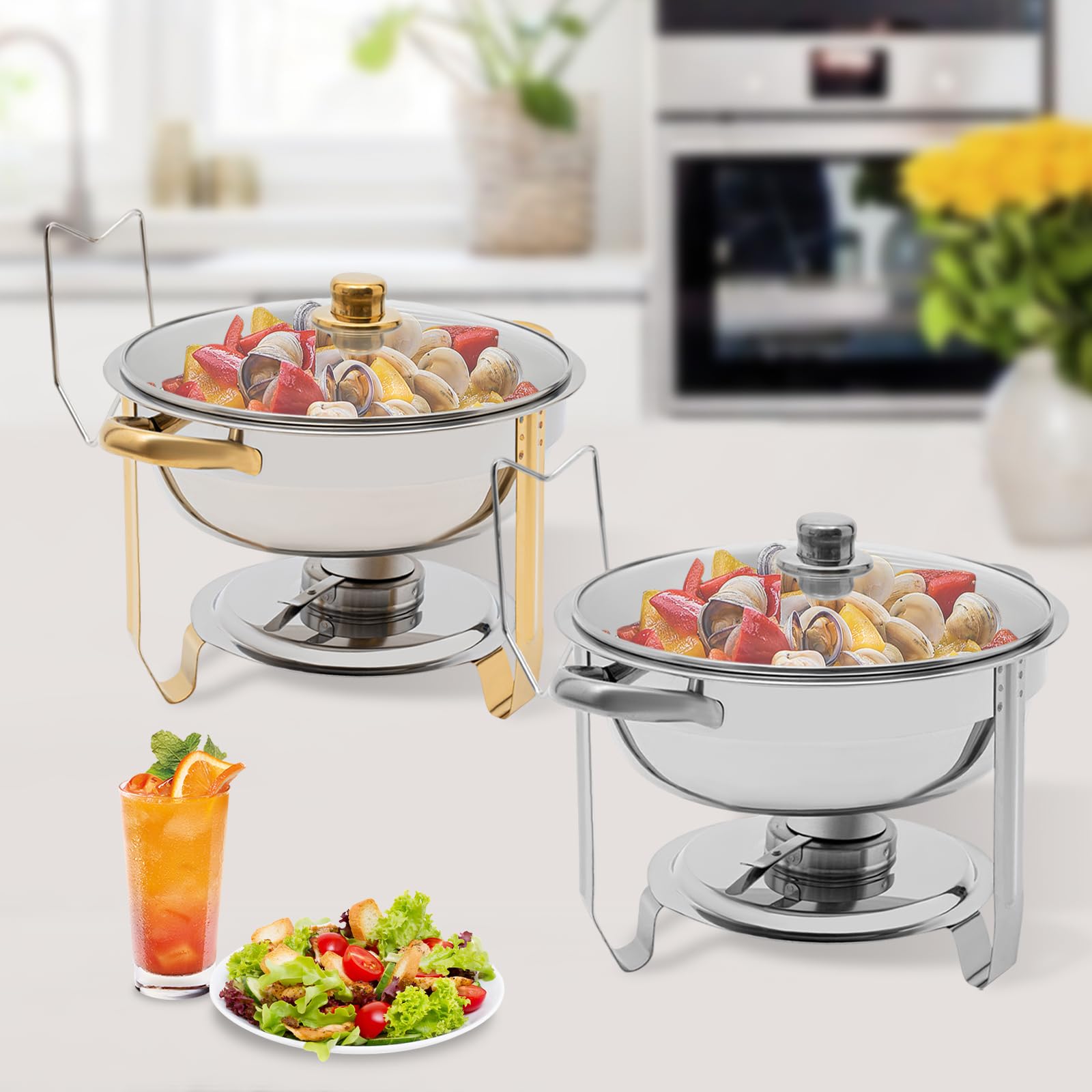 Chafing Dish Buffet - Juego de calentadores de platos de acero inoxidable, Chafers redondos con calefacción, buffet para fiestas, bodas, banquetes de restauración Chafing Dish Buffet (plata)
