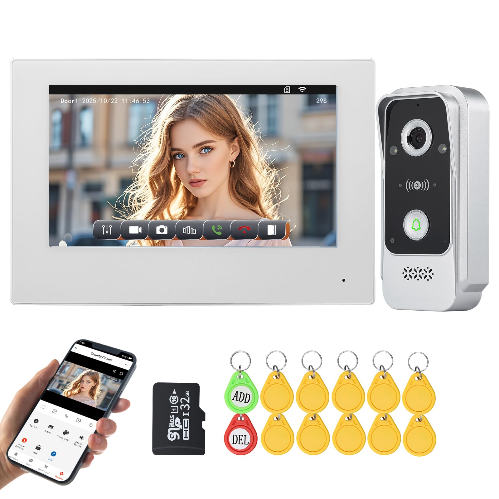 Vidéophone Intelligent WiFi Tuya 2 Fils, 1080P Caméra Vidéo avec Moniteur Écran Tactile de 7", Audio Bidirectionnel, Déverrouillage via APP &Carte RFID, Détection de Mouvement, Étanche IP65