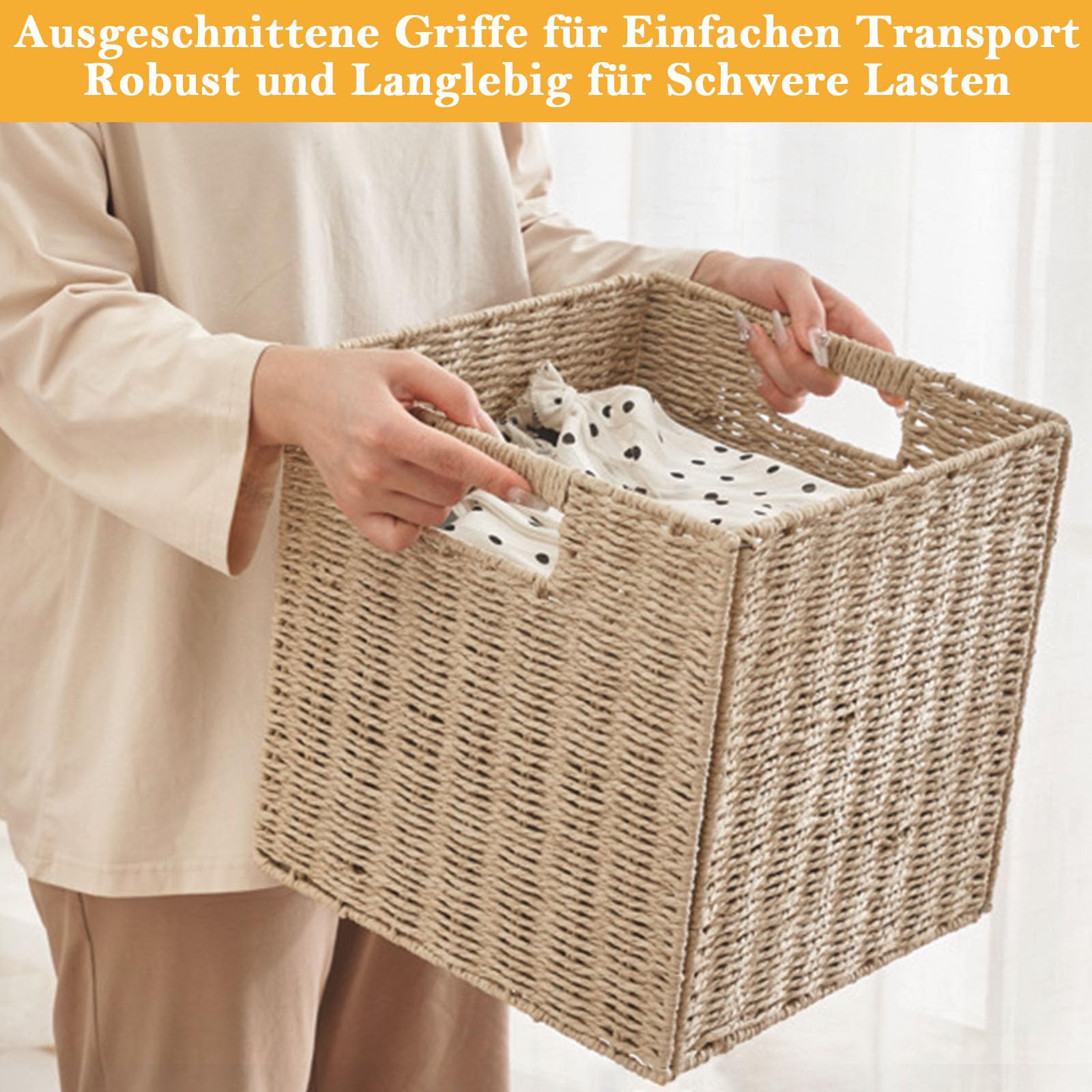 4 Stück Korb Geflochten Aufbewahrungskorb, Faltbar kallax Weidenkorb zur Aufbewahrung, 28 x 28 x 28cm Stabiler Korb Aufbewahrung mit Tragegriffen für Regale, Speisekammer, Bäder, Wohnzimmer