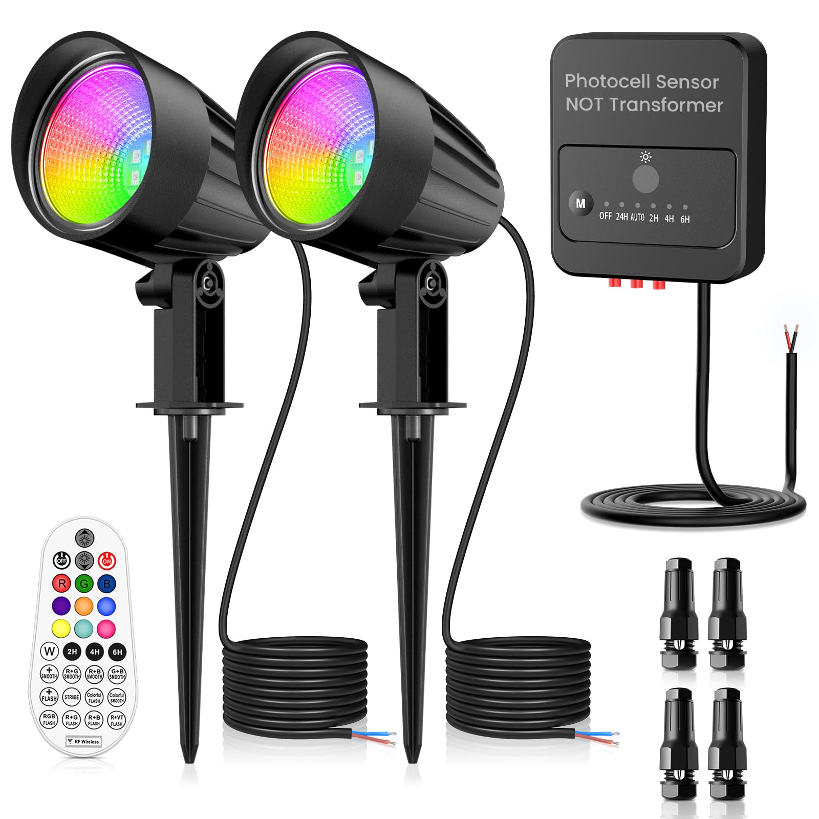ZZXX Low Voltage Landscape Lighting Kit Outdoor Spotlight RGBW Color Changing Lights Remote Control 15W 12V-24V IP66 Waterproof Photocell Sensor for Holiday Garden Pathway Yard 2 Pack with Connectors