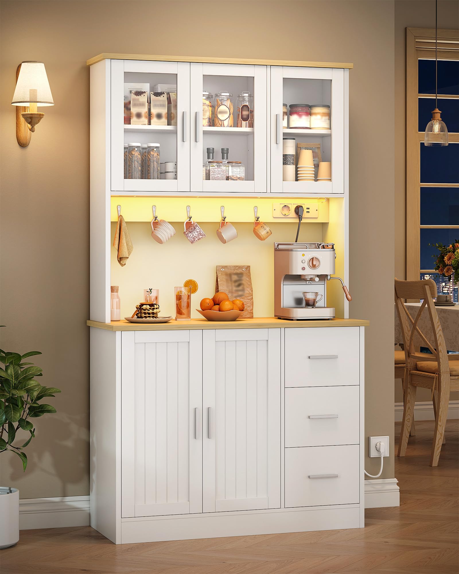 Hzuaneri Armario Cocina Alto, con Toma y Tira LED, 40 x 100 x 180 cm | Estante 6 Niveles Tras Puerta, 5 Puertas y 3 Cajones, Para Cocina o Salón, Blanco-Roble PT10303XEU