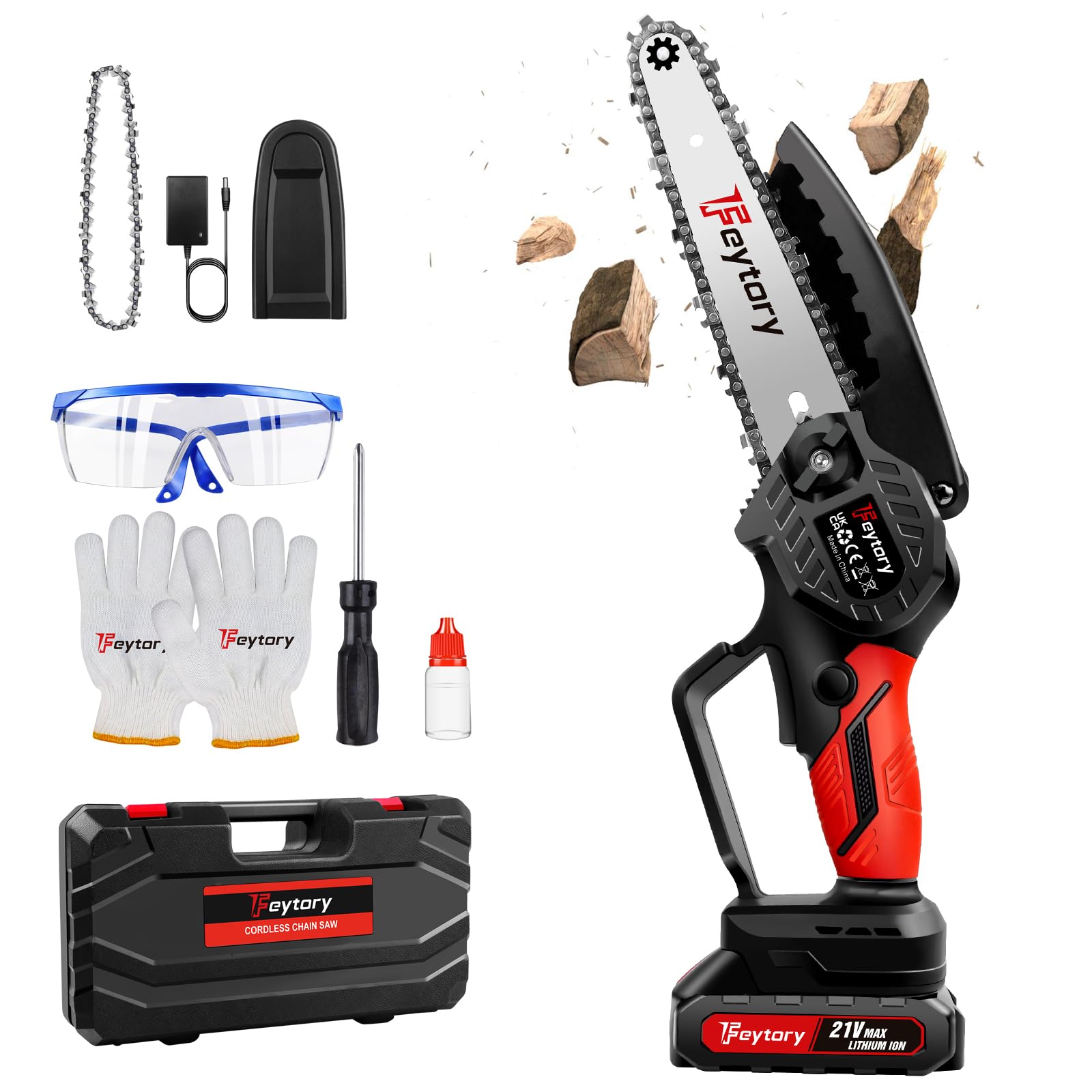 Mini Chainsaw Cordless, 6-inch Electric Cordless Chainsaw with Brushless Motor, Handheld Mini Chain Saw with 1500mAh Battery and Charger, 2 Chains and Carrying Case, Red