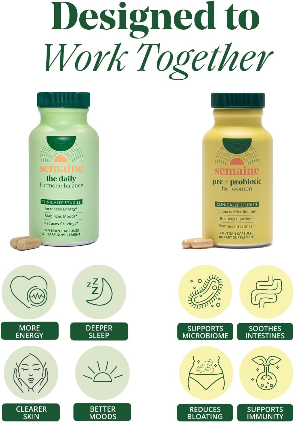 Semaine Hormonal Gut Balance Bundle - Support Cellular Energy, Clear Skin & Mood. Ease Bloating & Indigestion, Support Vaginal Health | 1 Month Supply