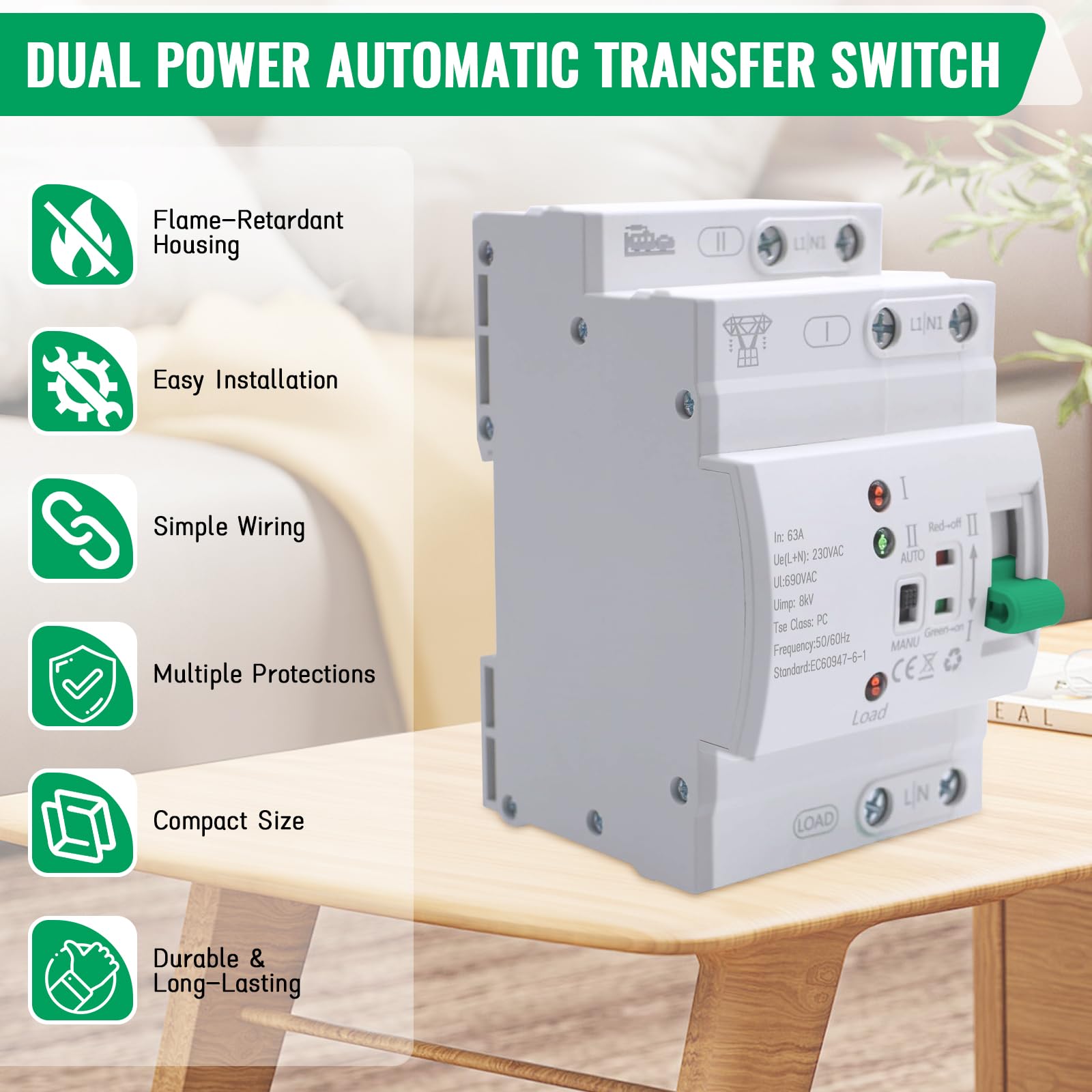 Automatischer Transferschalter, ATS 2P 63A 400V Transferschalter Hutschiene ATS, Dual Power Umschalter Hutschiene, Elektrischer Lastumschalter Für Dreiphasen-Stromversorgung