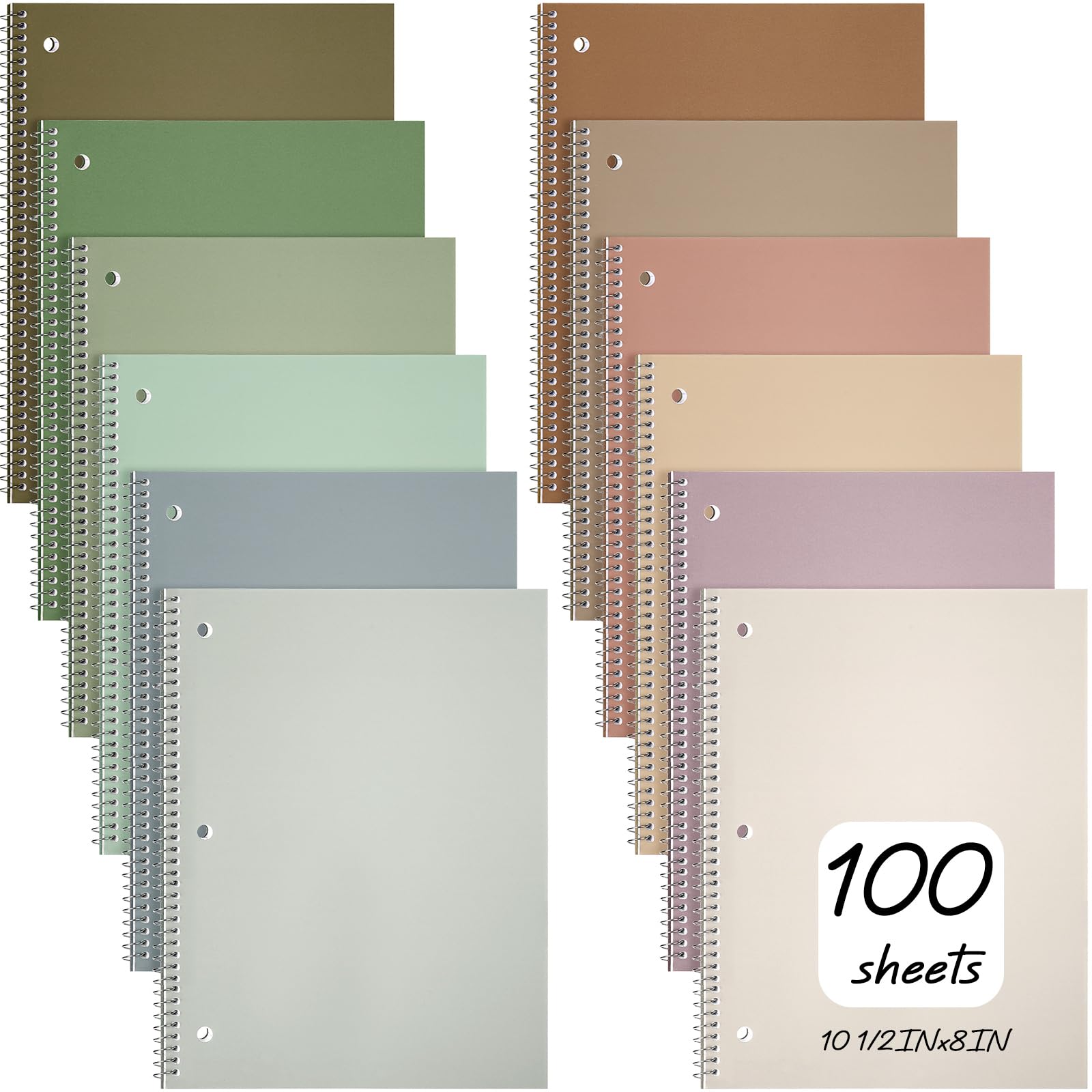 Teling 12 quaderni a spirale per 1 soggetto, per lavoro, università, a righe, 20,3 x 25,4 cm, con 3 fori, carta perforata, facile da strappare, 100 fogli per ufficio e studio (multicolore)