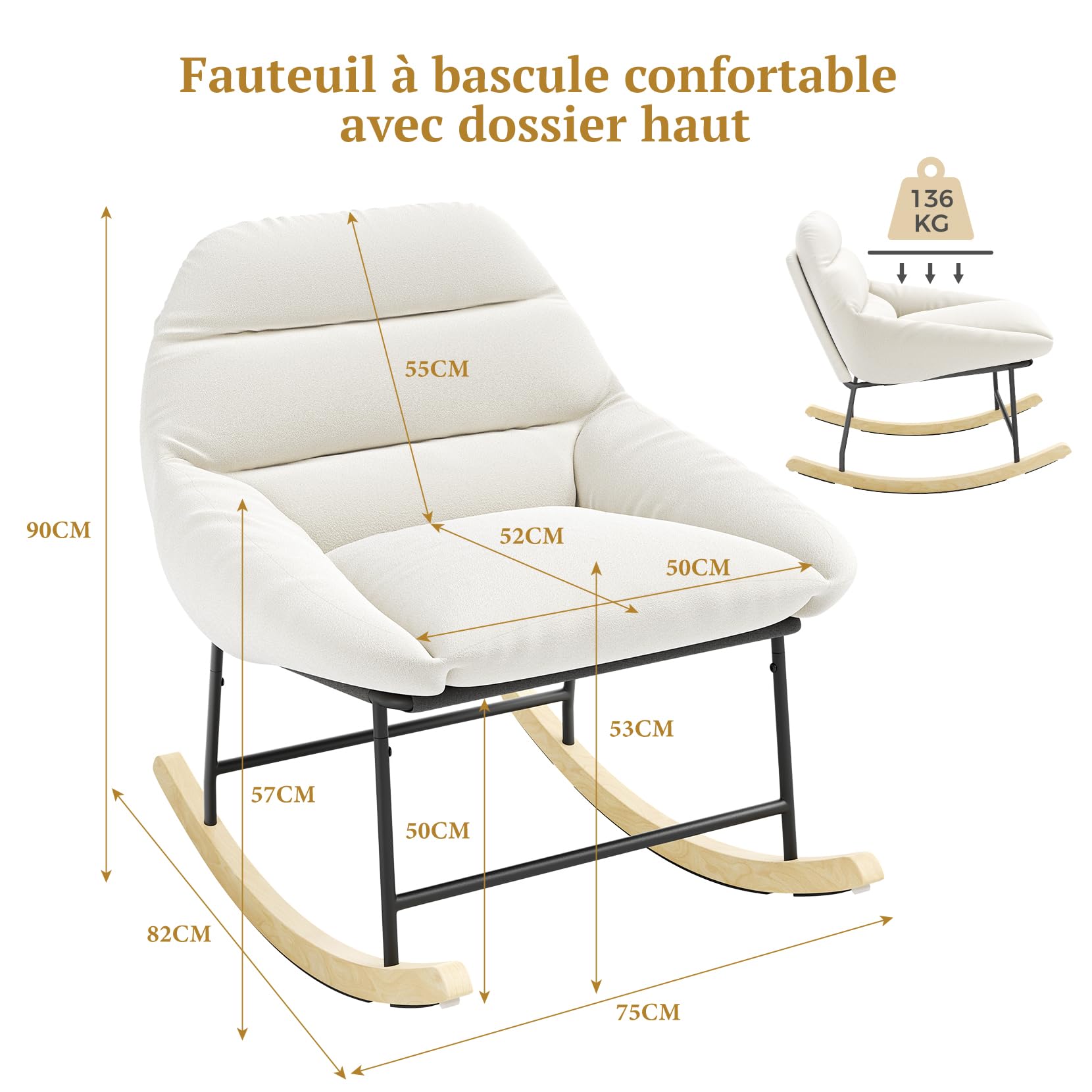 Fauteuil à bascule confortable pour chambre d'enfant, avec rembourrage en polaire Sherpa, assise profonde, assise rembourrée et accoudoirs larges, pour salon, chambre à coucher et bureau, beige