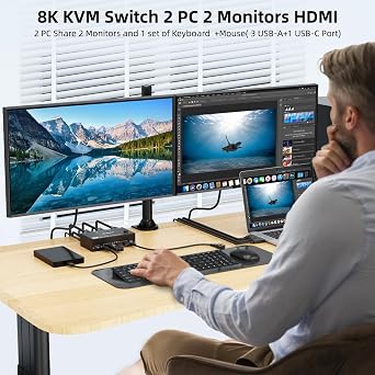 HDMI KVM Switch 2 Monitors 2 Computers 8K@60Hz, USB 3.0 KVM Switch Dual Monitor 4K@120Hz for 2 computer Share Mouse Keyboard, with 2 USB 3.0 Cable and Wired Remote