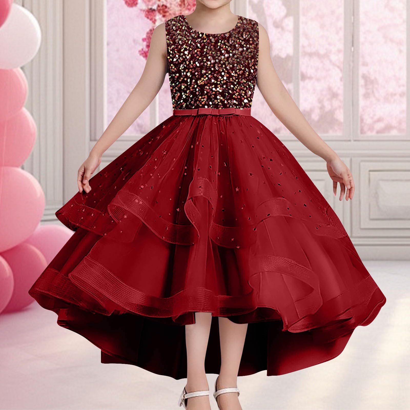 Vestido de Desfile Infantil con Encaje Floral para niñas diseño Elegante para Bautizo Boda y sin Mangas Falda de Tul y Falda Floral