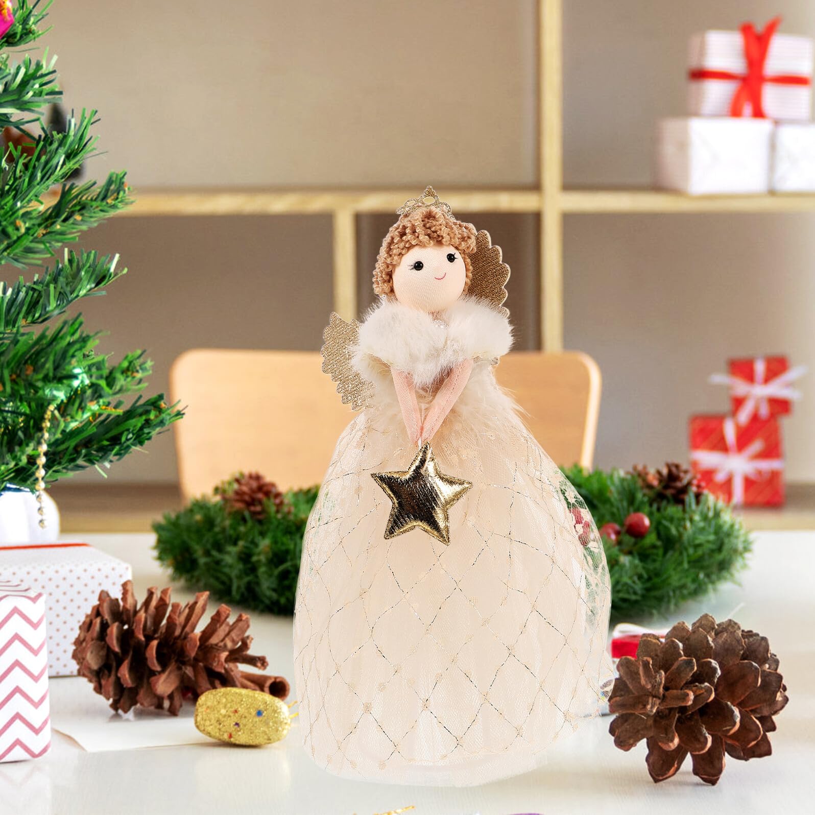 Estrella Tope Árbol Navidad Decoración Escultura Navideña de Angel Pequeña Figura de Ángel para Decoración Mesa Escritorio Adorno Tope Arbol Navidad de Angel