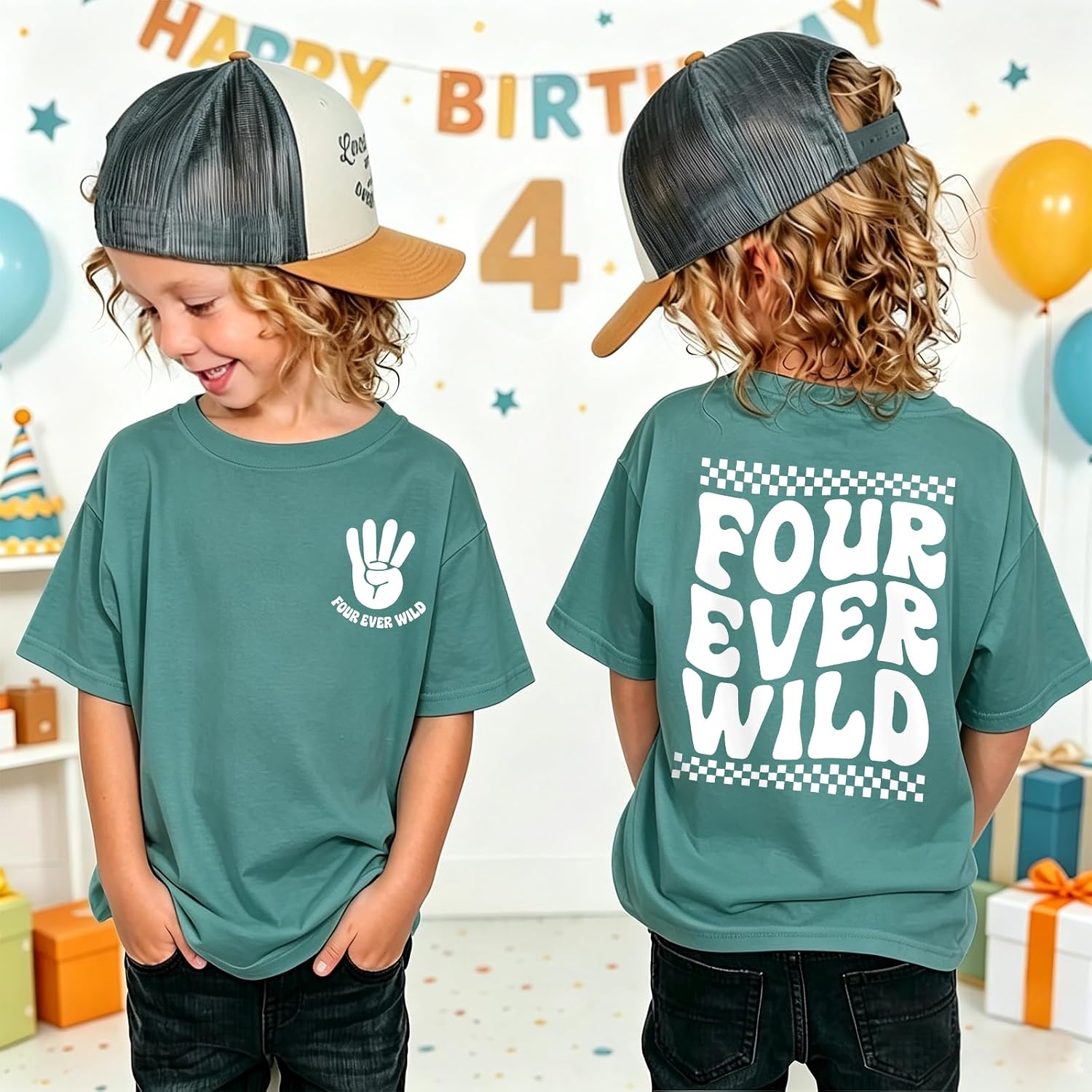 4th Birthday Shirt Boy Four Ever Wild T-Shirt 4 Year Old Toddler Boys Birthday Party Outfit B-Day Tee