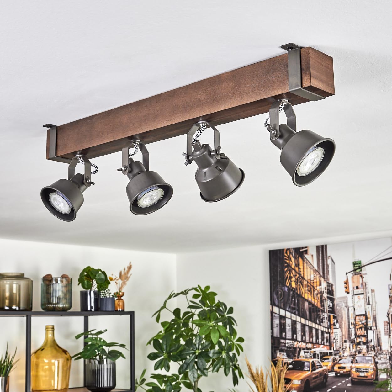 HOFSTEIN Deckenleuchte Pehefito, 4-flammige Deckenlampe aus Metall/Holz in Grau/Dunkelbraun, verstellbare Leuchte im Industrial/Retro/Vintage-Design mit Holzbalken, GU10, Esszimmer, Wohnzimmer, Küche