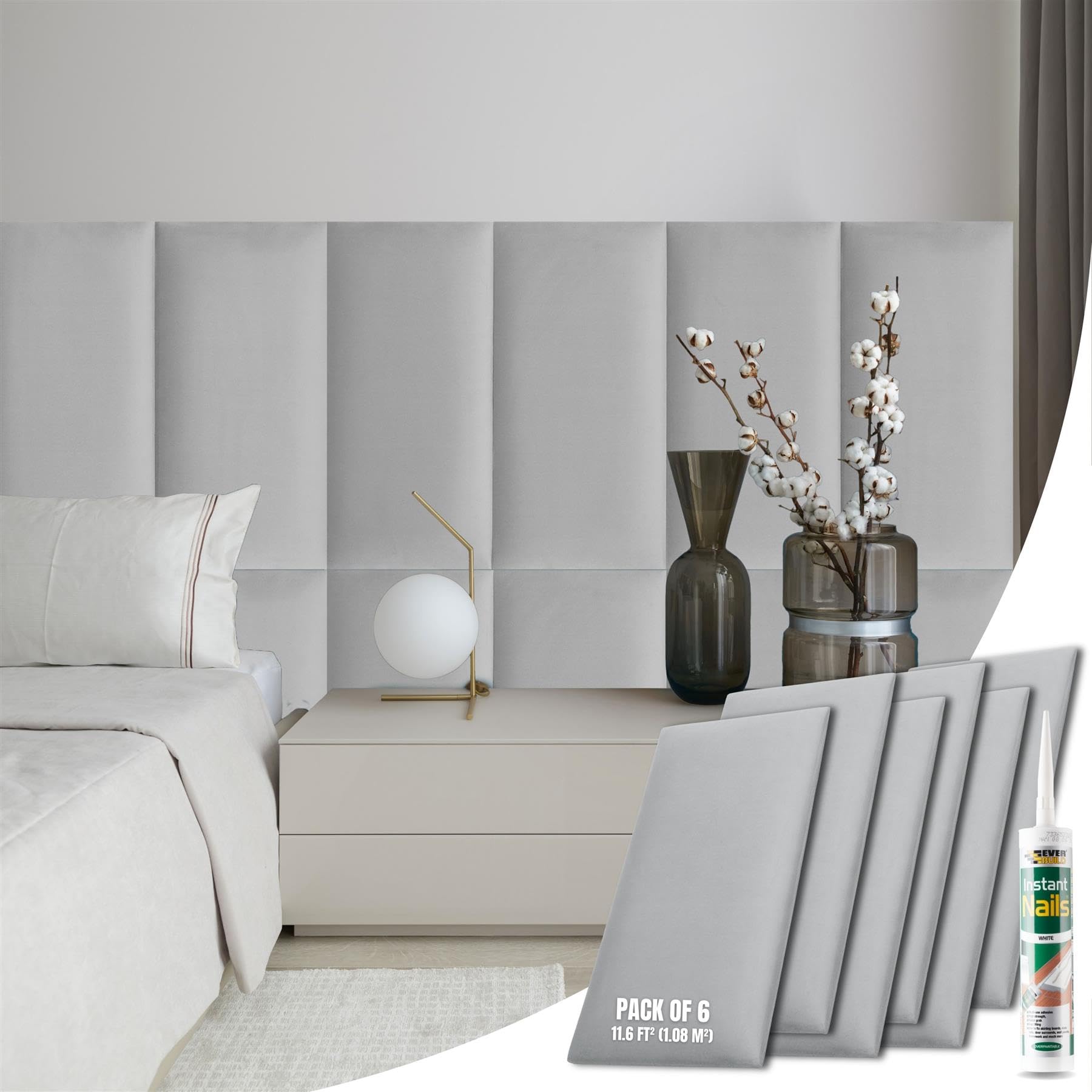 NOVECRAFTO Velvet Padded Wall Panels Set of 6 - Grey Upholstered Anti-Collision Panels with Adhesive - H23.6 x W11.8 (60x30cm) Cushioned Paneling for Beds, Kids Room, Hallways & Feature Walls