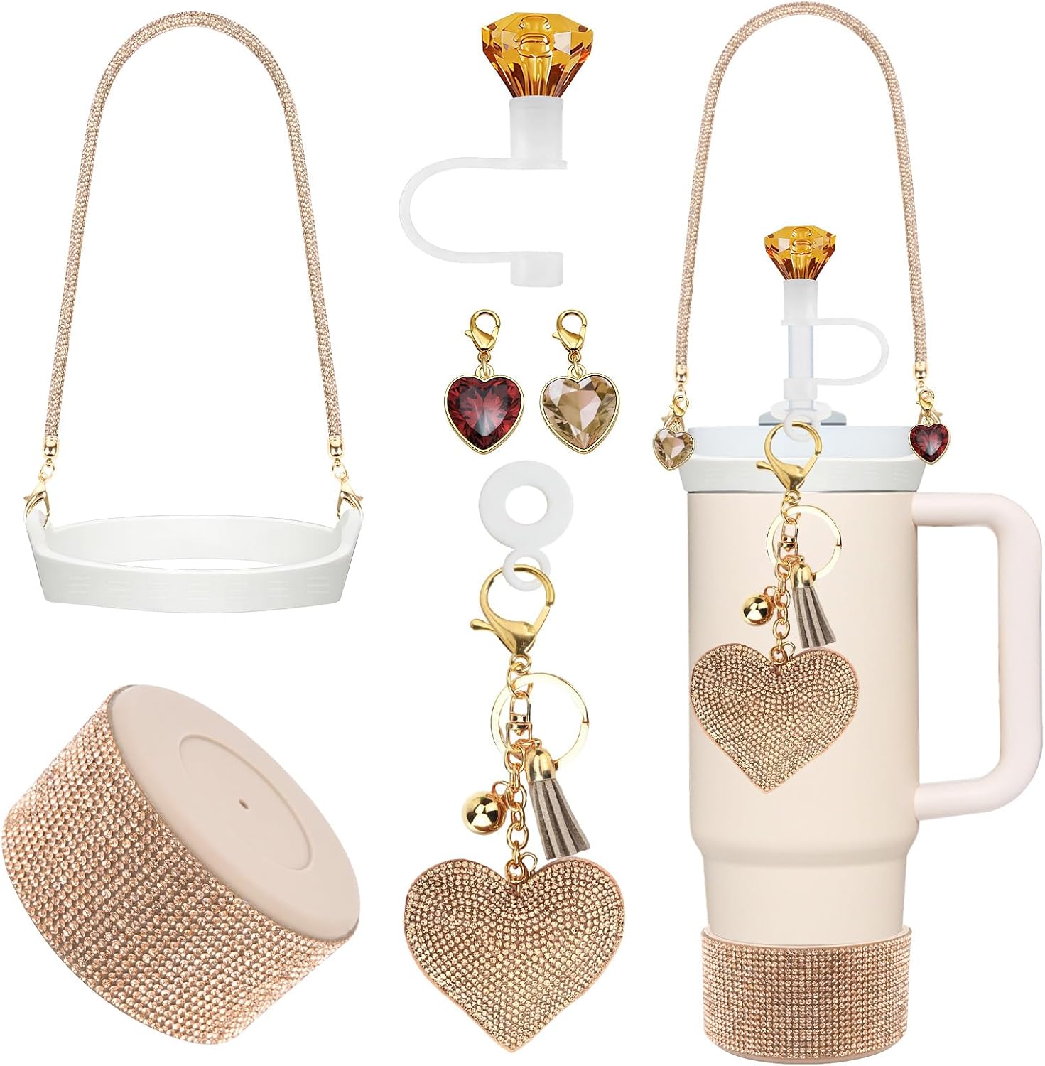 Diamond Glitter Stanley Cup Accessories Set for 30&40 OZ Stanley Tumbler with Handle, Tumbler Accessories Set with Glitter Silicone Boot, Straw Cover, Handle Strap, Straw Adapter, 2 Charms