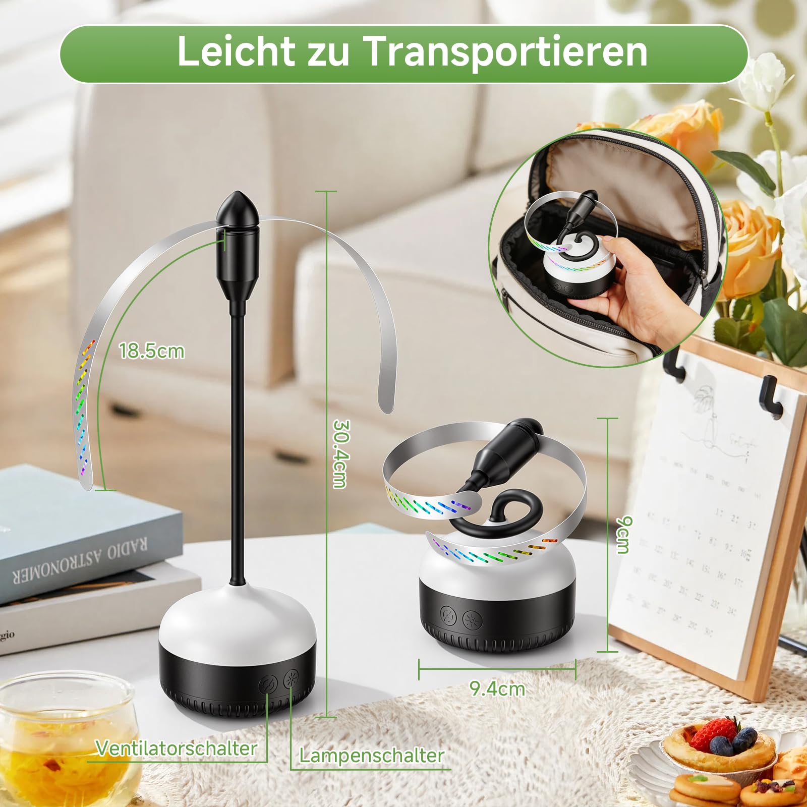 PKBD 4er-Pack Fliegenwedler für Tische, Batteriebetriebener Fliegenvertreiber, Tragbare Fliegenabwehr mit Warmweißer LED und Weichen Blättern – Ideal für Küche, Terrasse, Camping, Schwarz