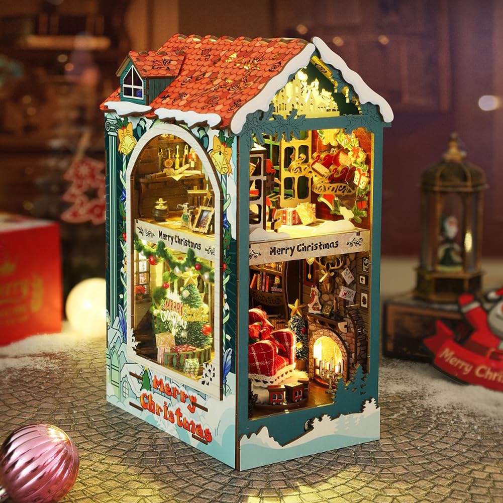 DIY Book Nook Kit Miniature Kits Christmas Dolls House Furniture with LED Light Accessories Puzzle Model Bookshelf Decor Creative Craft Boy and Girl Birthday Christmas Eve Gift (Xmas Room)