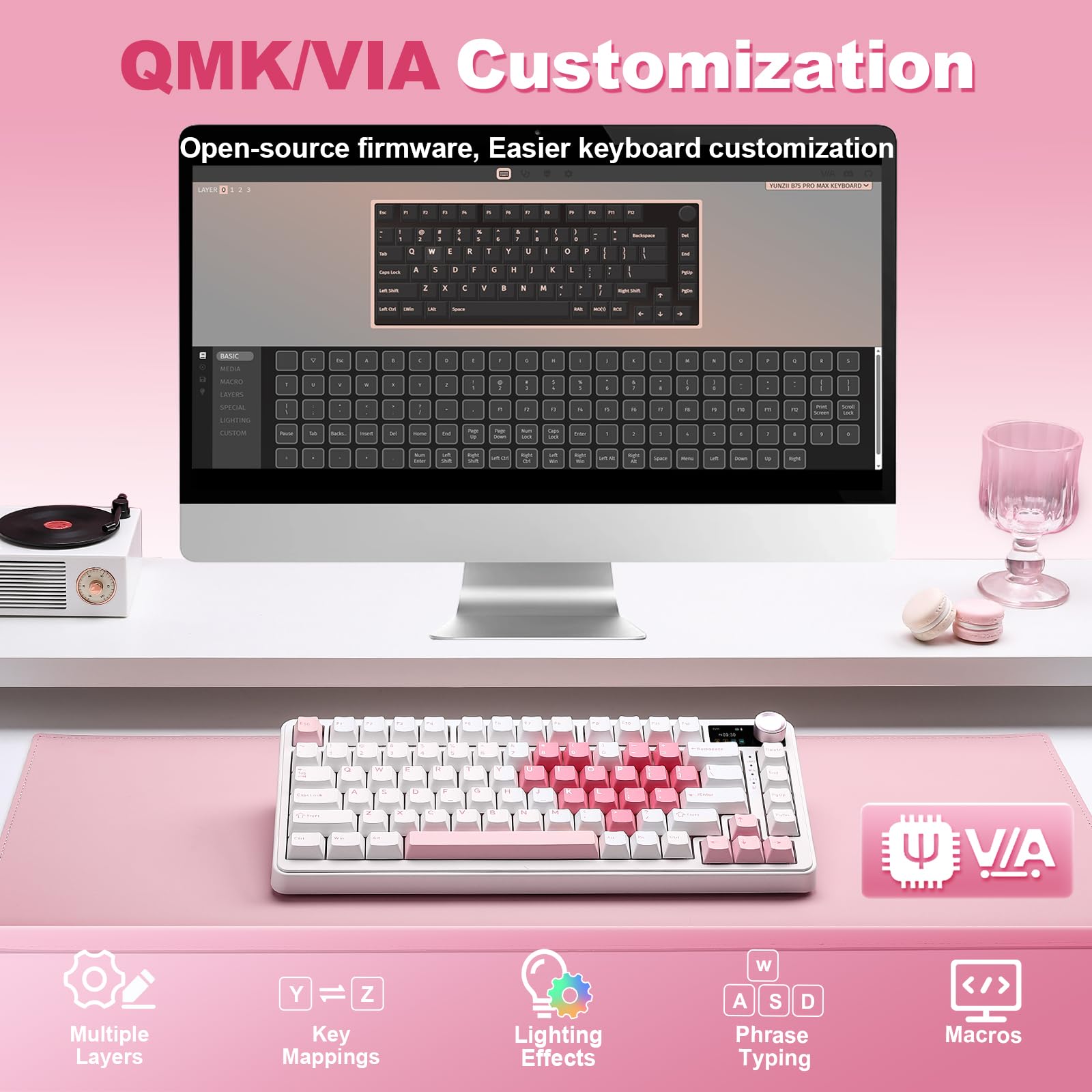 YUNZII B75 PRO MAX Tastiera Meccanica Wireless, Layout 75% con Schermo TFT e Rotelle, Gasket Hot-swap Switch Pre-lubrificati, QMK/VIA, BT/USB-C/2.4G per Win/Mac (Cuore Bianco, Milk V2 Switch)